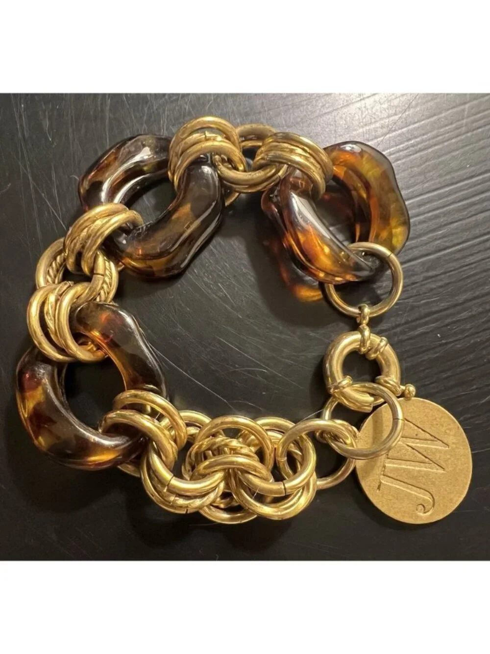 JW Modern Vintage Tortoise Shell Link Bracelet Chunky Gold Tone Chain Toggle